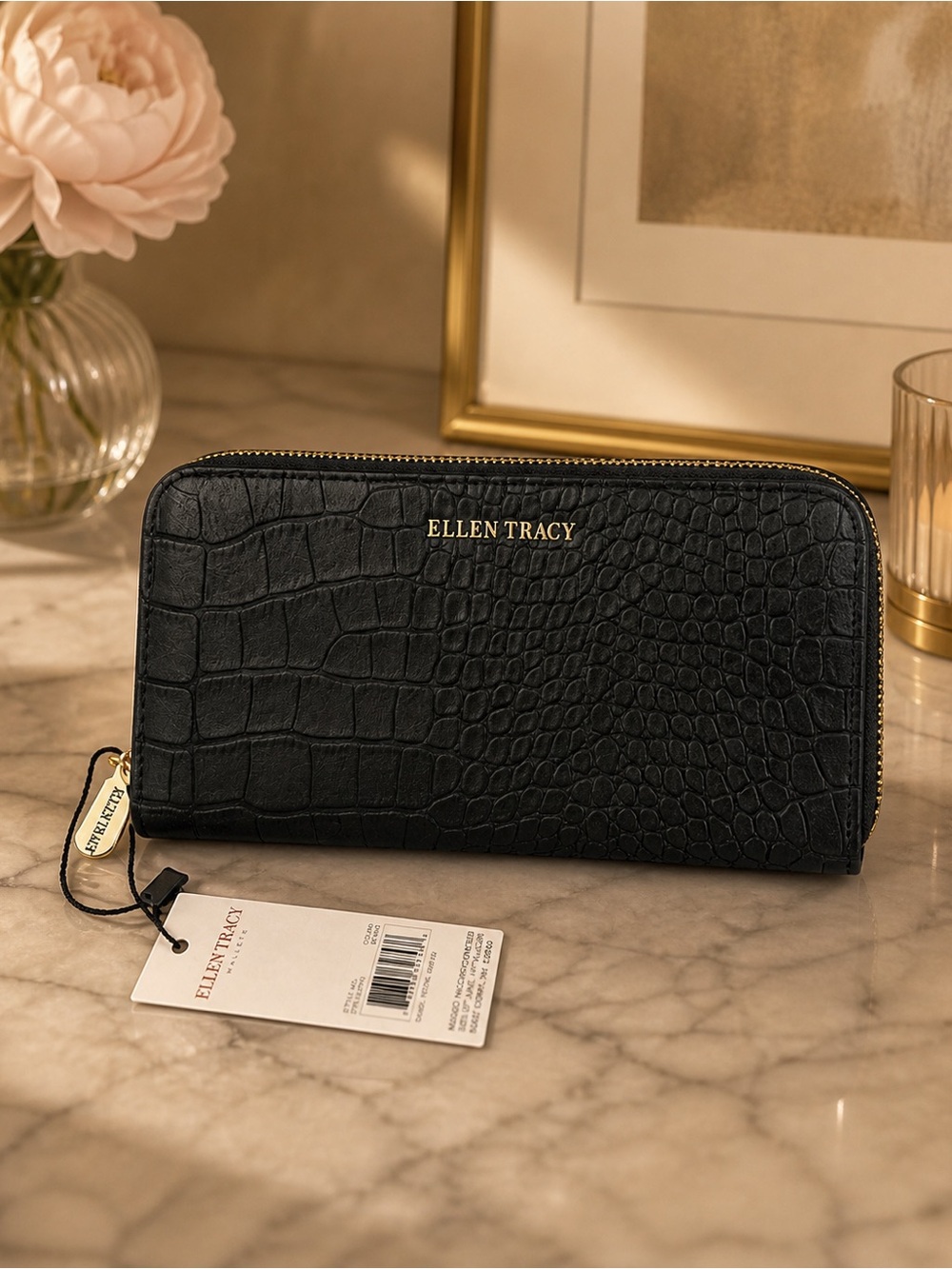 Ellen Tracy Black Croc Embossed Clutch wallet